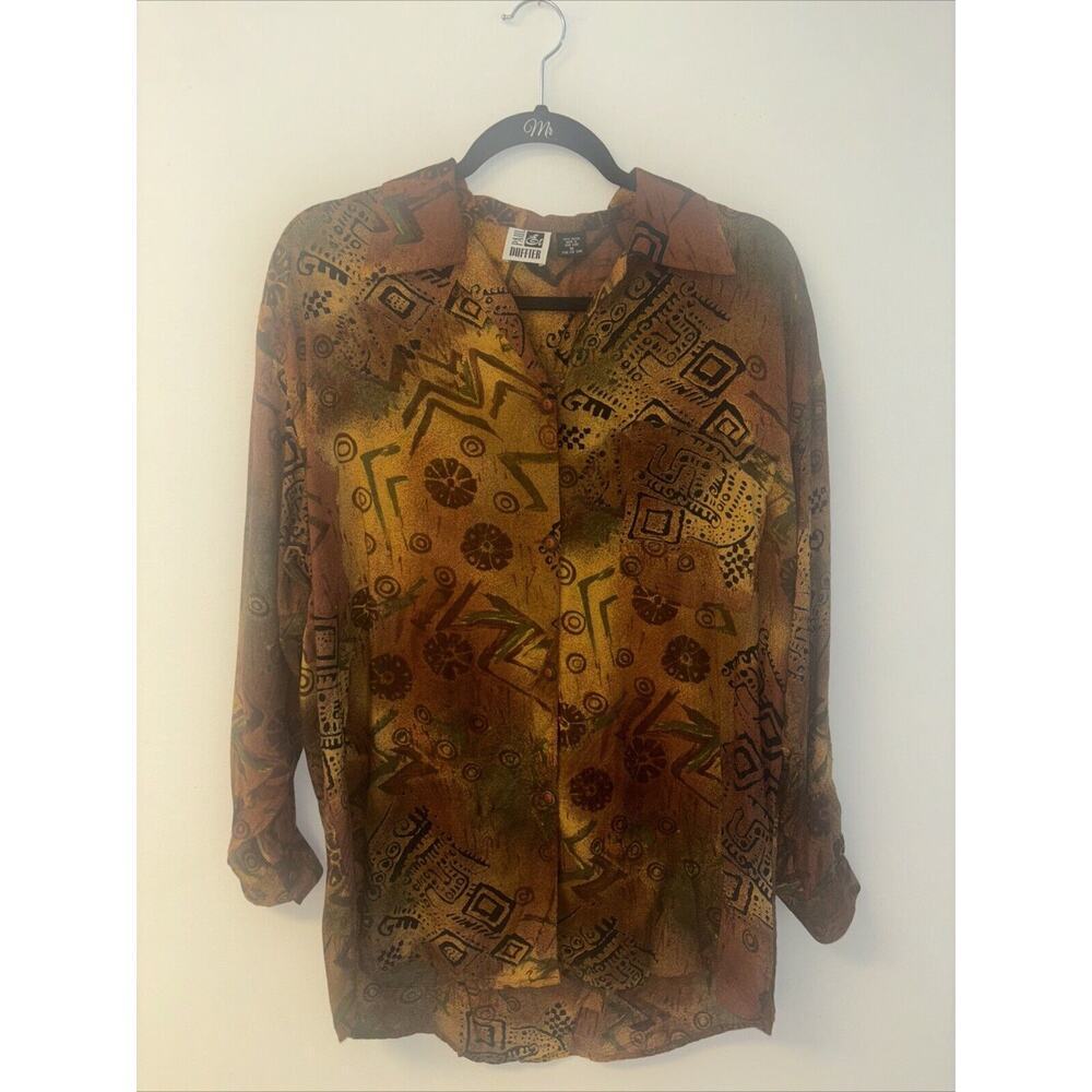 Vintage 80’s Button Down Shirt Sz Med Paul Et Duffier Abstract Print Brown Retro